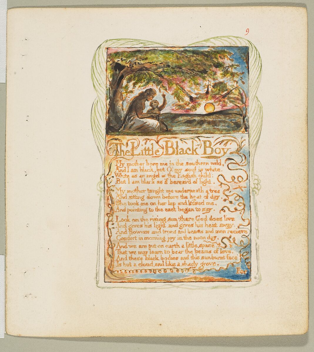 Songs of Innocence: The Little Black Boy, William Blake (British, London 1757–1827 London), Relief etching printed in orange-brown ink and hand-colored with watercolor and shell gold 