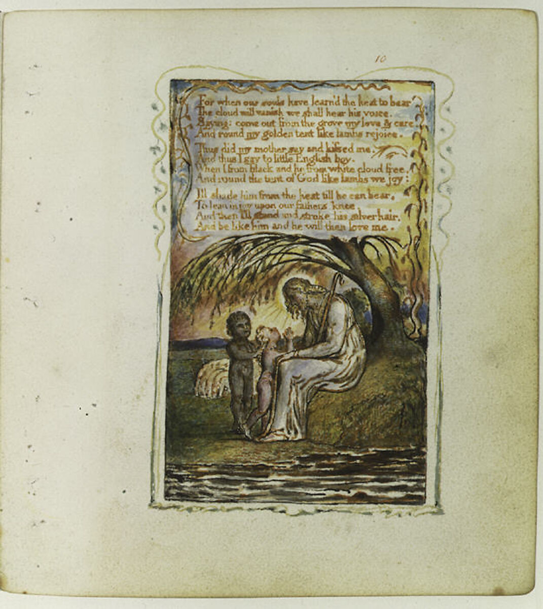 Songs of Innocence: The Little Black Boy (second plate), William Blake (British, London 1757–1827 London), Relief etching printed in orange-brown ink and hand-colored with watercolor and shell gold