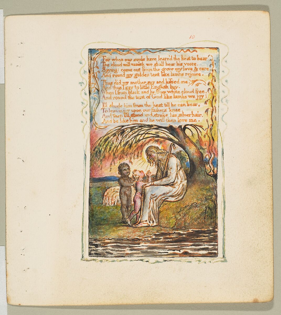 Songs of Innocence: The Little Black Boy (second plate), William Blake (British, London 1757–1827 London), Relief etching printed in orange-brown ink and hand-colored with watercolor and shell gold 