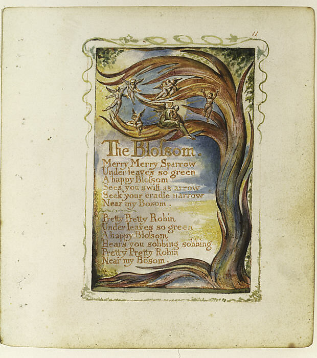 Songs of Innocence: The Blossom, William Blake (British, London 1757–1827 London), Relief etching printed in orange-brown ink and hand-colored with watercolor and shell gold