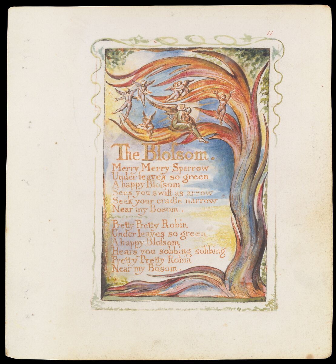 Songs of Innocence: The Blossom, William Blake (British, London 1757–1827 London), Relief etching printed in orange-brown ink and hand-colored with watercolor and shell gold