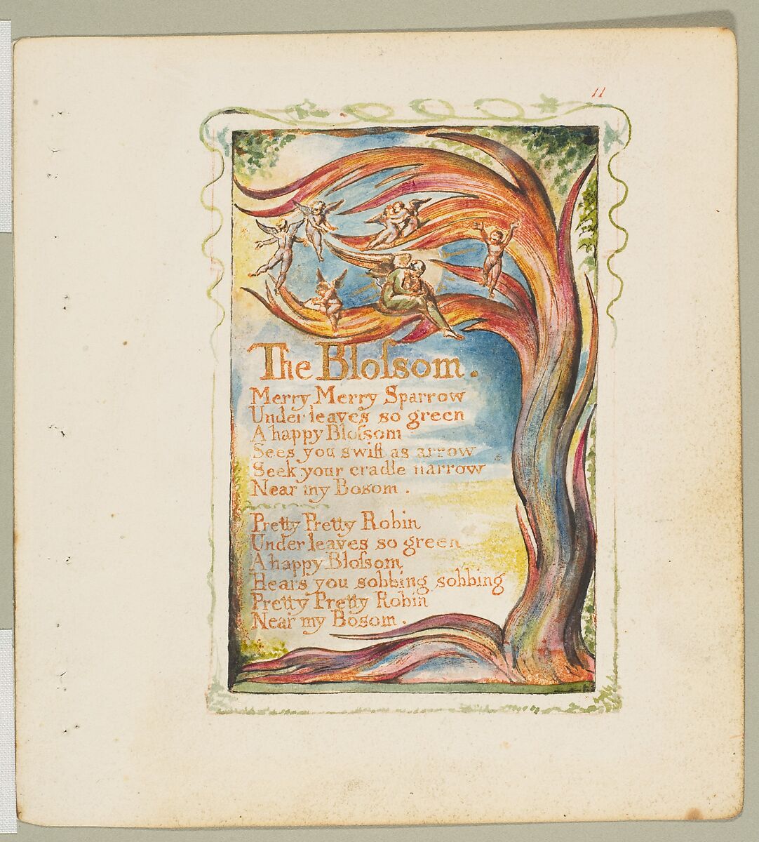 Songs of Innocence: The Blossom, William Blake (British, London 1757–1827 London), Relief etching printed in orange-brown ink and hand-colored with watercolor and shell gold 