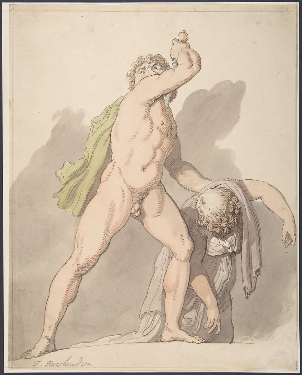 Standing Nude Man Supporting Fainting Female (Ludovisi Gaul in the Uffizi), Thomas Rowlandson (British, London 1757–1827 London), Watercolor 