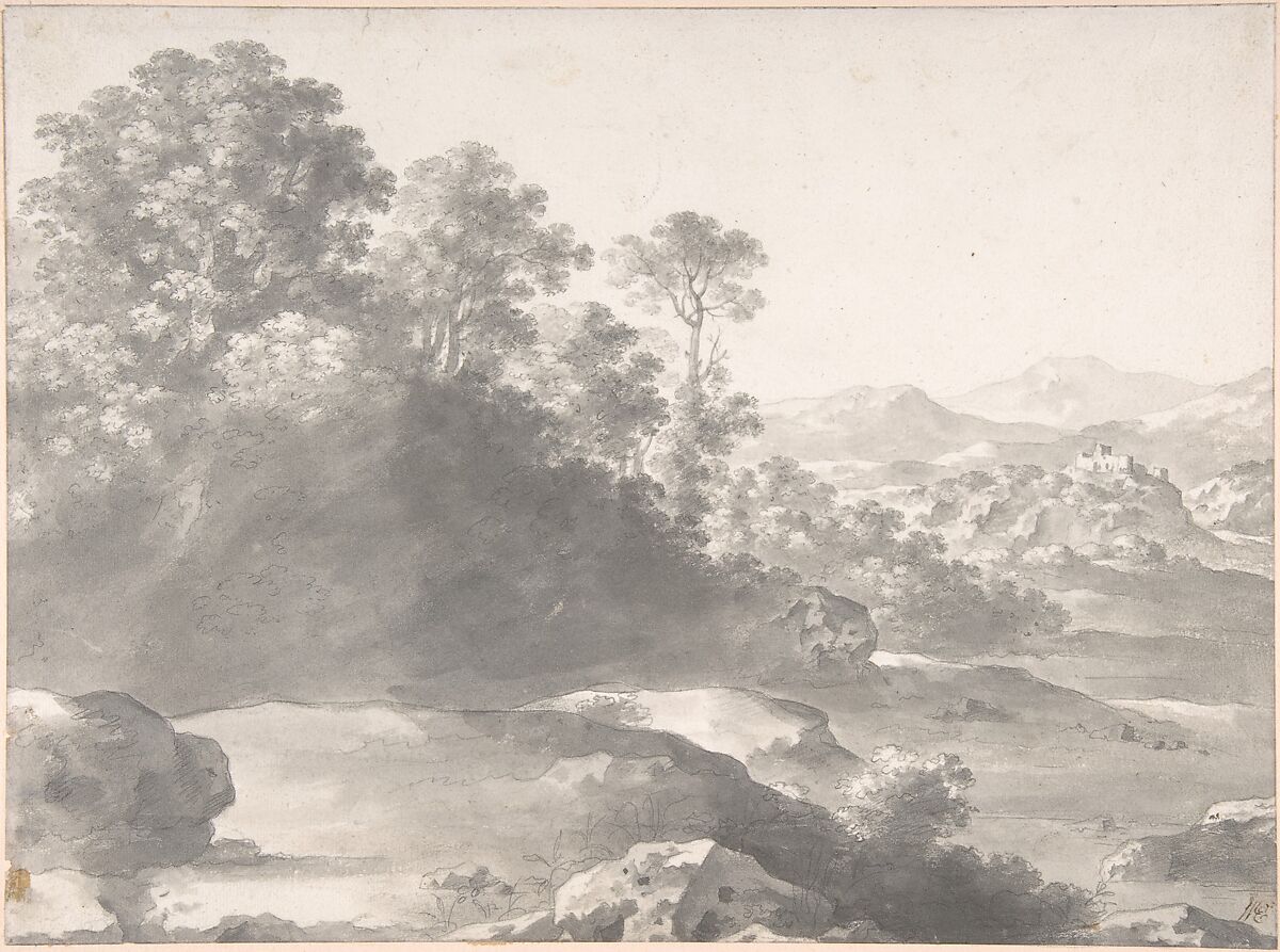 Landscape, Cornelis van Poelenburch (Dutch, Utrecht (?) 1594/95–1667 Utrecht), Brush and gray wash over black chalk 