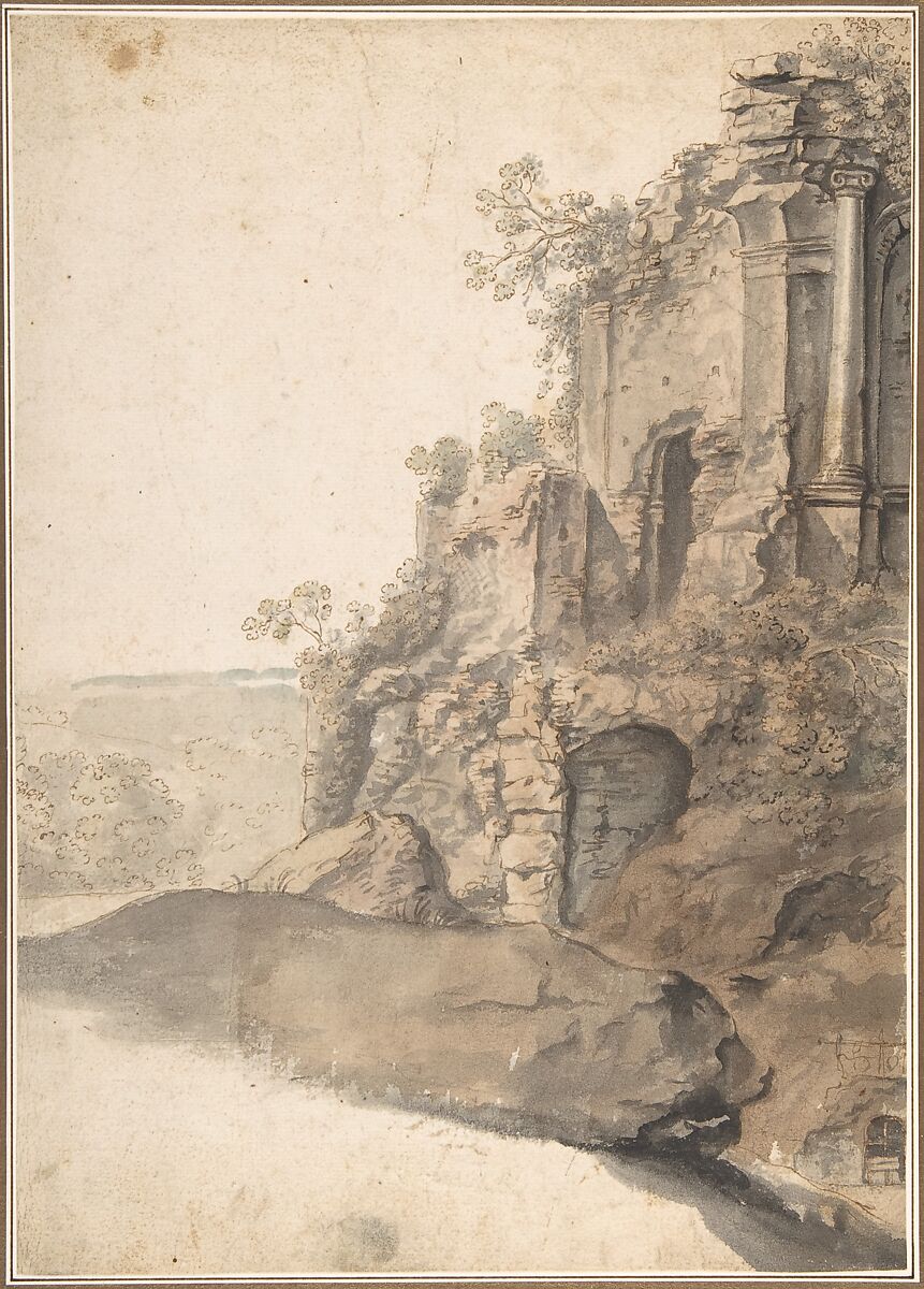 Landscape with Roman Ruins, Cornelis van Poelenburch (Dutch, Utrecht (?) 1594/95–1667 Utrecht), Pen and brown ink, brush and brown, green and gray wash over faint traces of black chalk. Pasted down. 