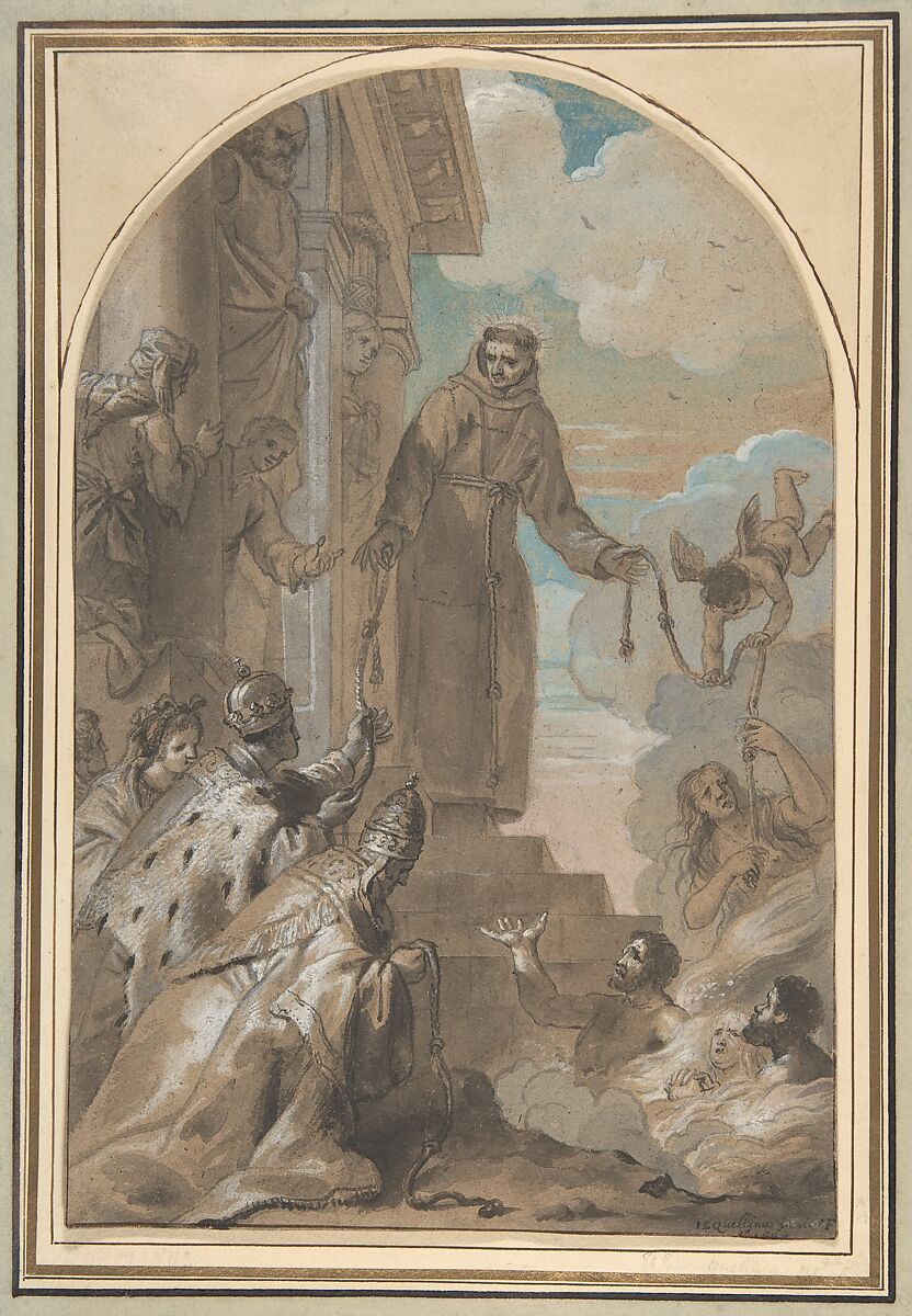 The Distribution of the Franciscan Cords, Jan Erasmus Quellinus (Flemish, Antwerp 1634–1715 Mechelen), Brush and black ink, gray wash, white, blue, and pink gouache, touches of red ink, over traces of black chalk, on brown paper. Traces of framing lines in pen and brown ink on three sides. 