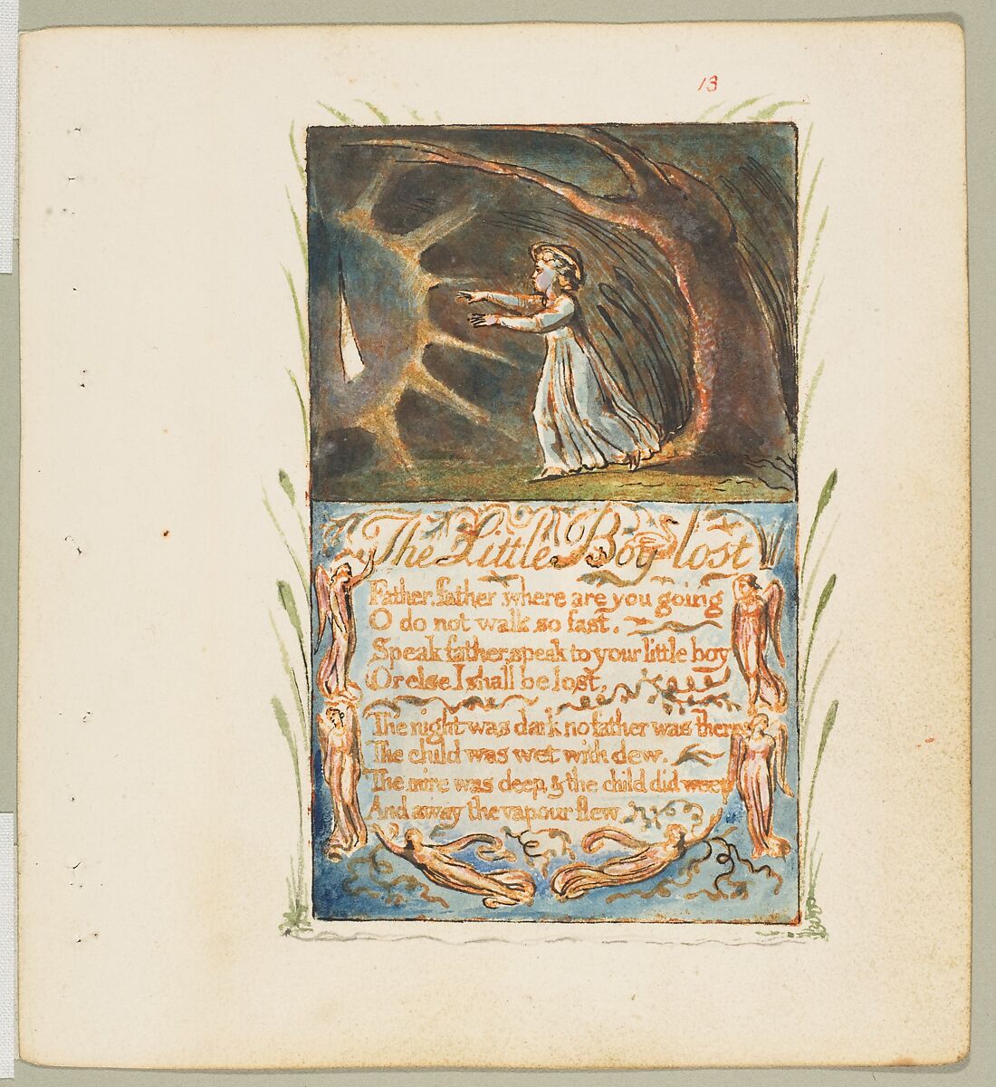 Songs of Innocence: Little Boy Lost, William Blake (British, London 1757–1827 London), Relief etching printed in orange-brown ink and hand-colored with watercolor and shell gold 