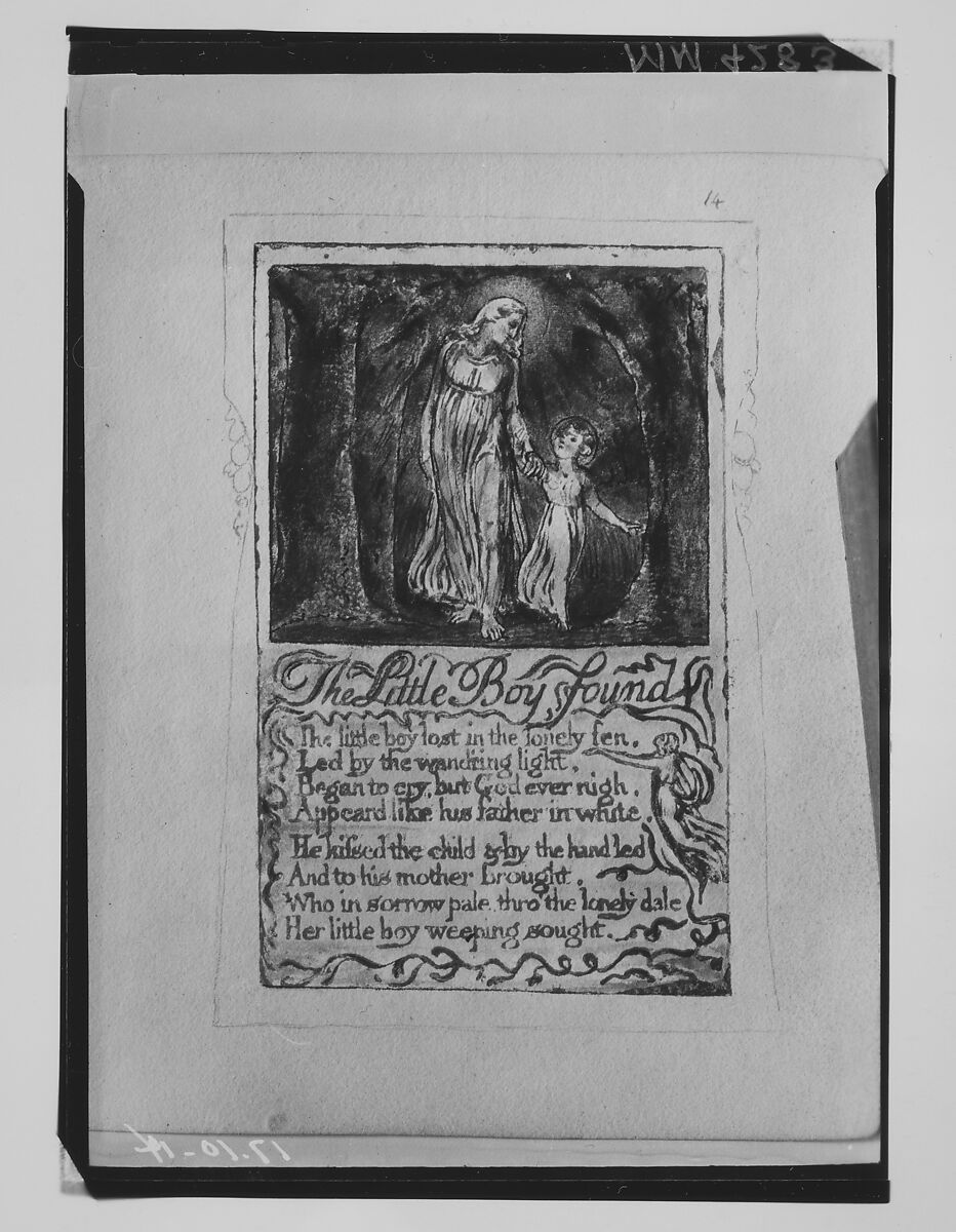 Songs of Innocence: The Little Boy Found, William Blake (British, London 1757–1827 London), Relief etching printed in orange-brown ink and hand-colored with watercolor and shell gold