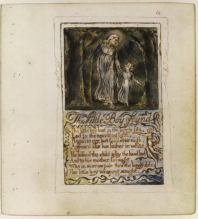 Songs of Innocence: The Little Boy Found, William Blake (British, London 1757–1827 London), Relief etching printed in orange-brown ink and hand-colored with watercolor and shell gold