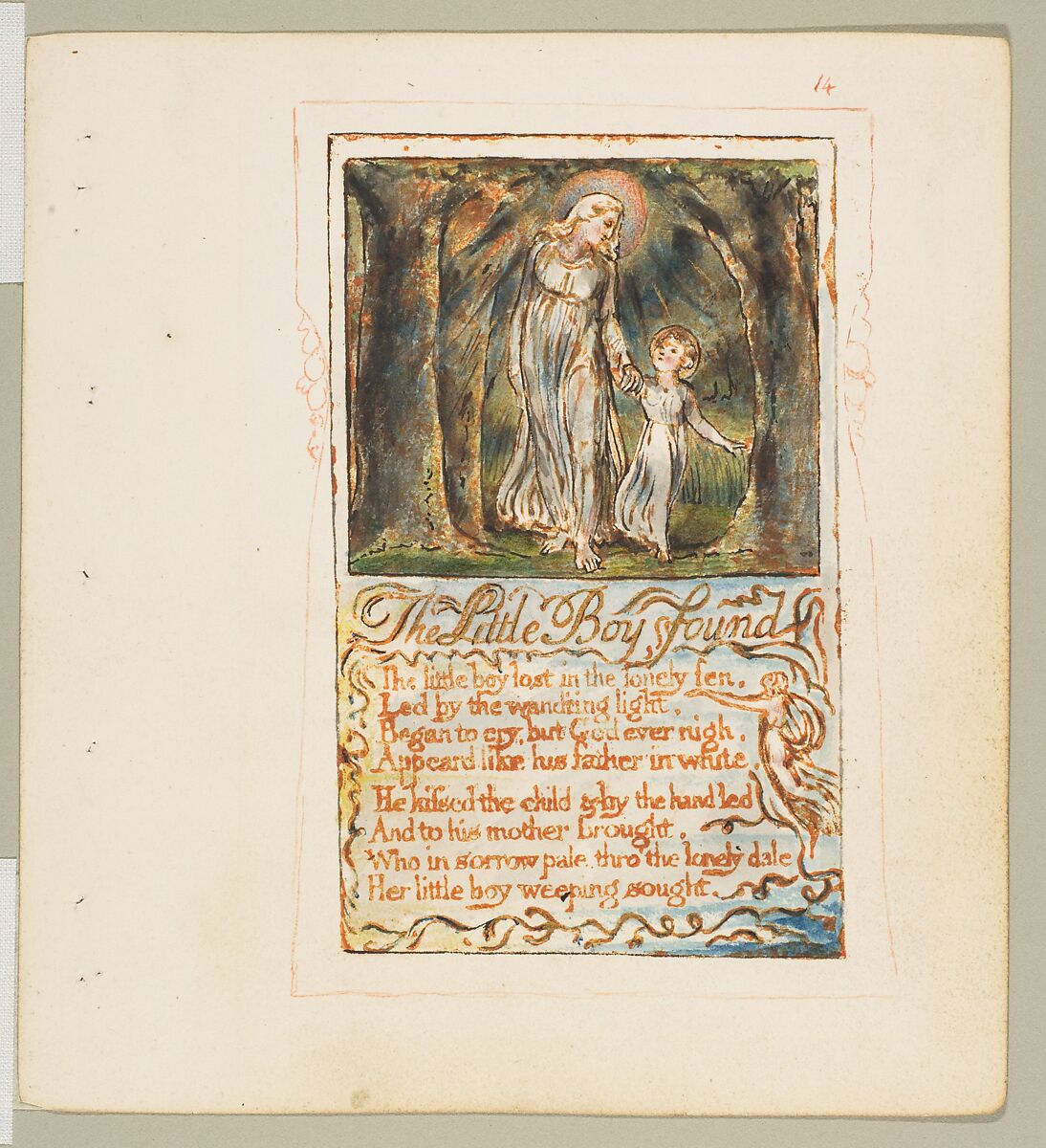 Songs of Innocence: The Little Boy Found, William Blake (British, London 1757–1827 London), Relief etching printed in orange-brown ink and hand-colored with watercolor and shell gold 