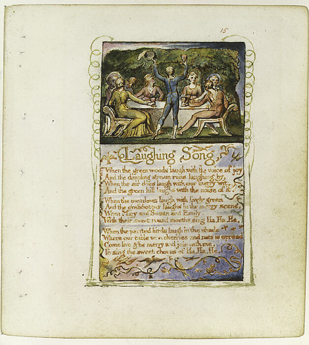 Songs of Innocence: Laughing Song, William Blake (British, London 1757–1827 London), Relief etching printed in orange-brown ink and hand-colored with watercolor and shell gold