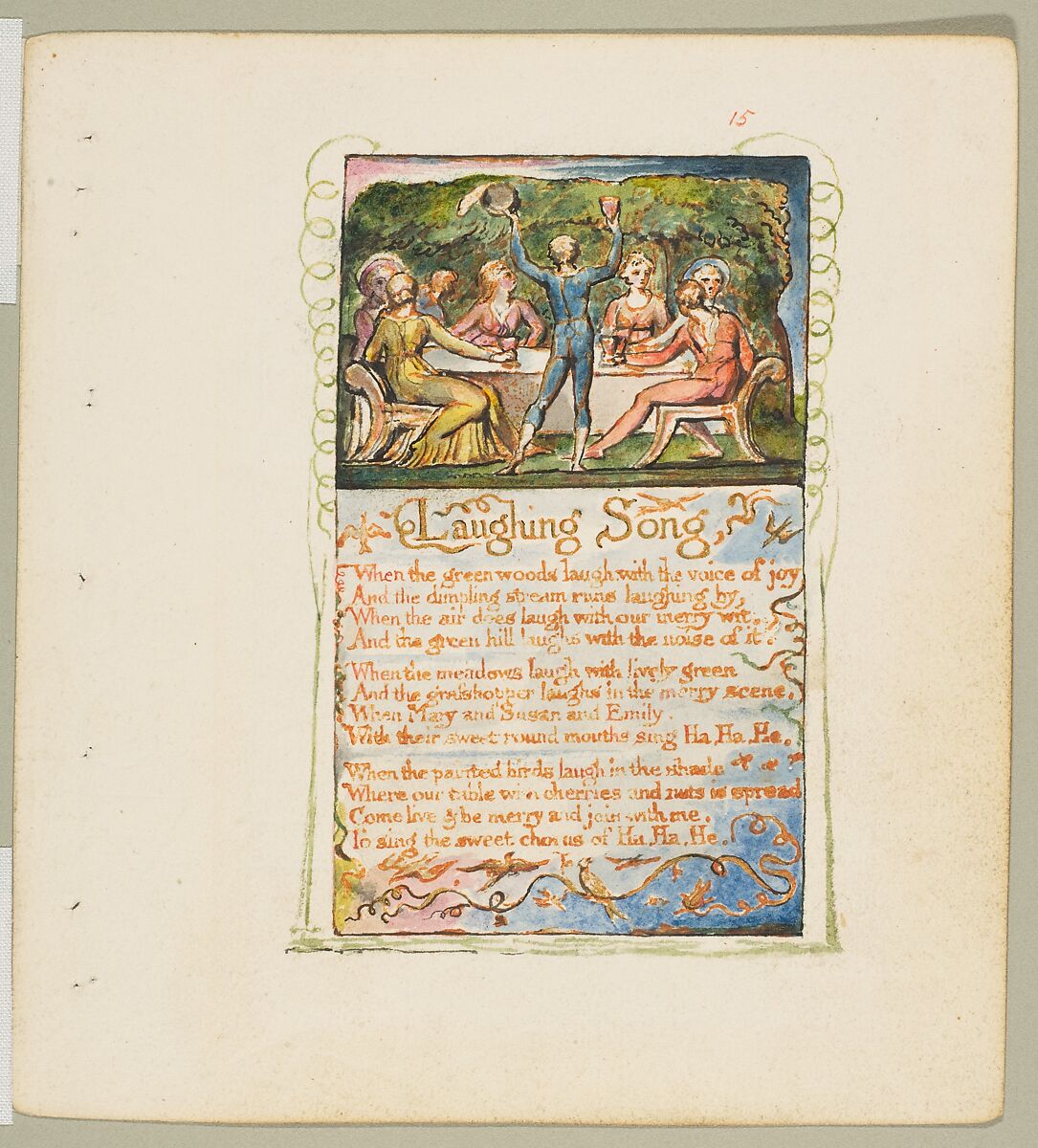 Songs of Innocence: Laughing Song, William Blake (British, London 1757–1827 London), Relief etching printed in orange-brown ink and hand-colored with watercolor and shell gold 
