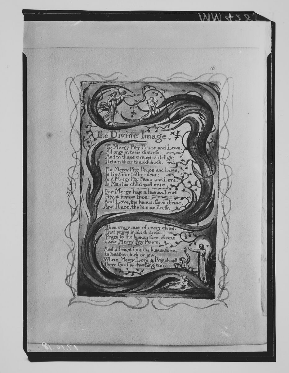 Songs of Innocence: The Divine Image, William Blake (British, London 1757–1827 London), Relief etching printed in orange-brown ink and hand-colored with watercolor and shell gold