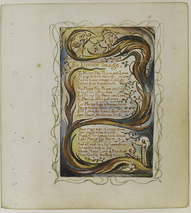 Songs of Innocence: The Divine Image, William Blake (British, London 1757–1827 London), Relief etching printed in orange-brown ink and hand-colored with watercolor and shell gold