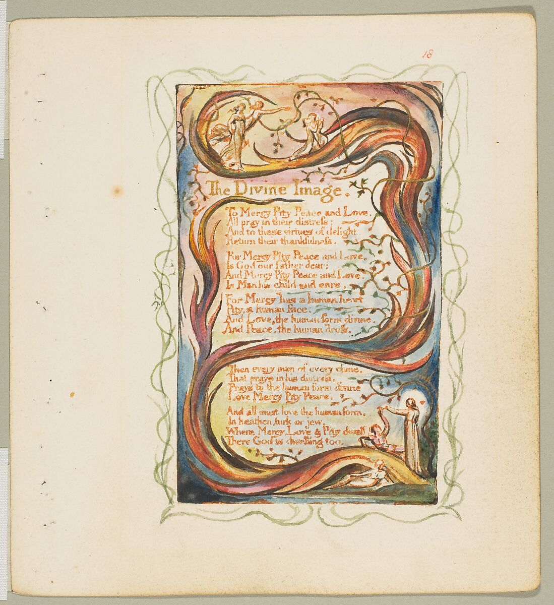 Songs of Innocence: The Divine Image, William Blake (British, London 1757–1827 London), Relief etching printed in orange-brown ink and hand-colored with watercolor and shell gold 