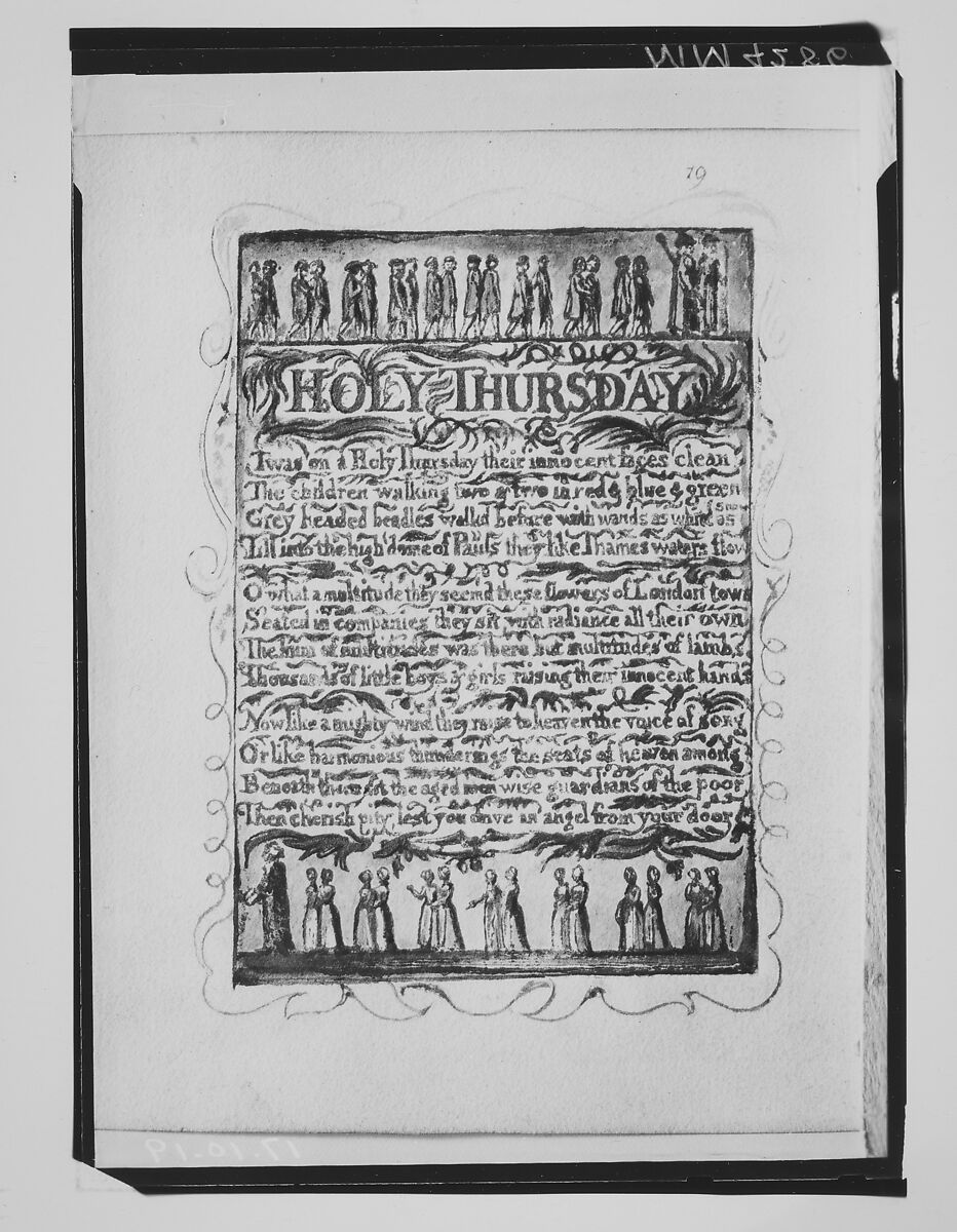 Songs of Innocence: Holy Thursday, William Blake (British, London 1757–1827 London), Relief etching printed in orange-brown ink and hand-colored with watercolor and shell gold