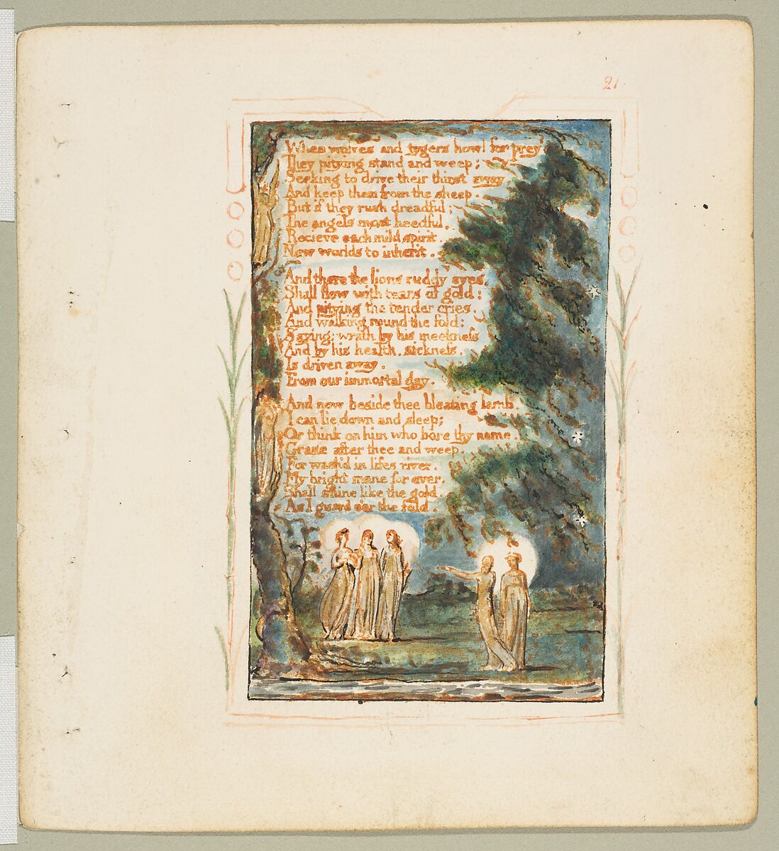 Songs of Innocence: Night (second plate), William Blake (British, London 1757–1827 London), Relief etching printed in orange-brown ink and hand-colored with watercolor and shell gold 