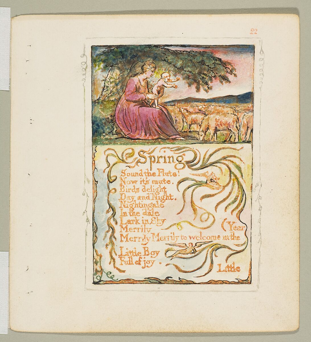Songs of Innocence: Spring, William Blake (British, London 1757–1827 London), Relief etching printed in orange-brown ink and hand-colored with watercolor and shell gold 