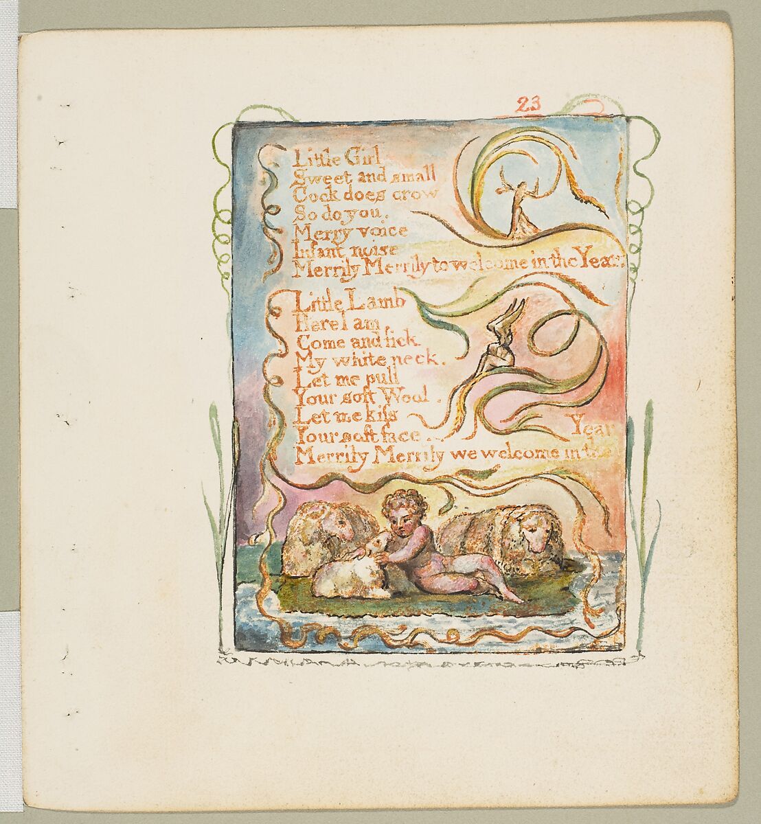 Songs of Innocence: Spring (second plate), William Blake (British, London 1757–1827 London), Relief etching printed in orange-brown ink and hand-colored with watercolor and shell gold 