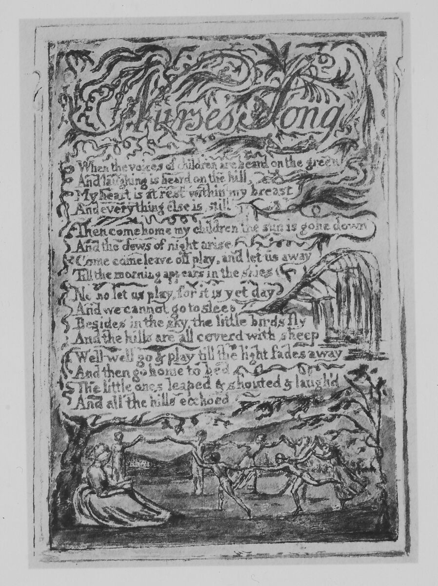 Songs of Innocence: Nurse's Song, William Blake (British, London 1757–1827 London), Relief etching printed in orange-brown ink and hand-colored with watercolor and shell gold