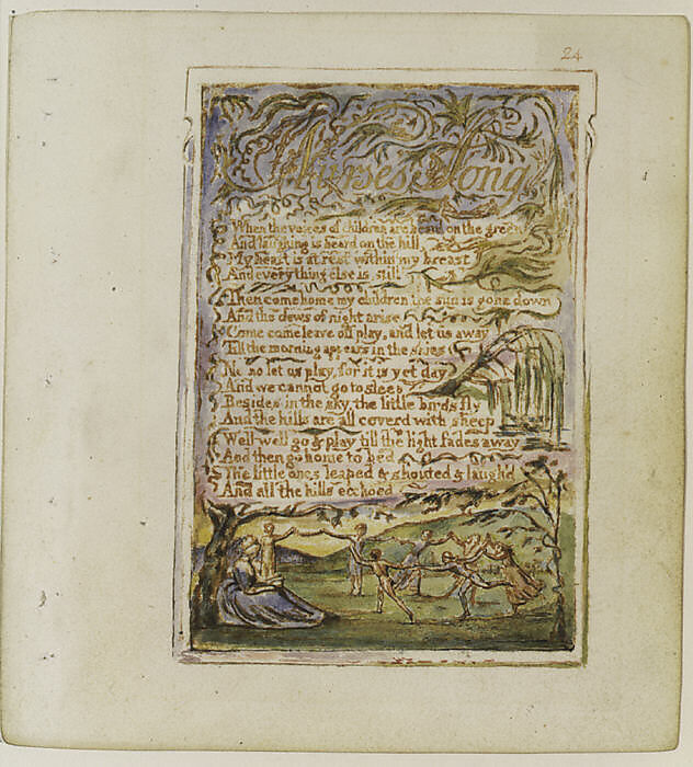Songs of Innocence: Nurse's Song, William Blake (British, London 1757–1827 London), Relief etching printed in orange-brown ink and hand-colored with watercolor and shell gold