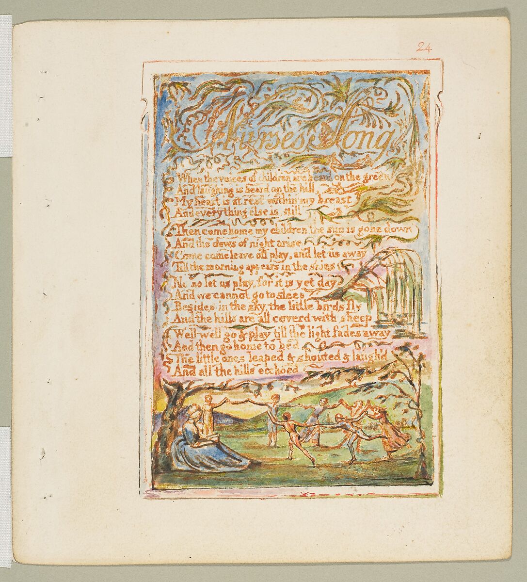 Songs of Innocence: Nurse's Song, William Blake (British, London 1757–1827 London), Relief etching printed in orange-brown ink and hand-colored with watercolor and shell gold 