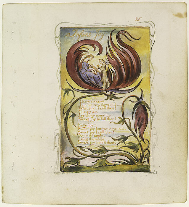 Songs of Innocence: Infant Joy, William Blake (British, London 1757–1827 London), Relief etching printed in orange-brown ink and hand-colored with watercolor and shell gold