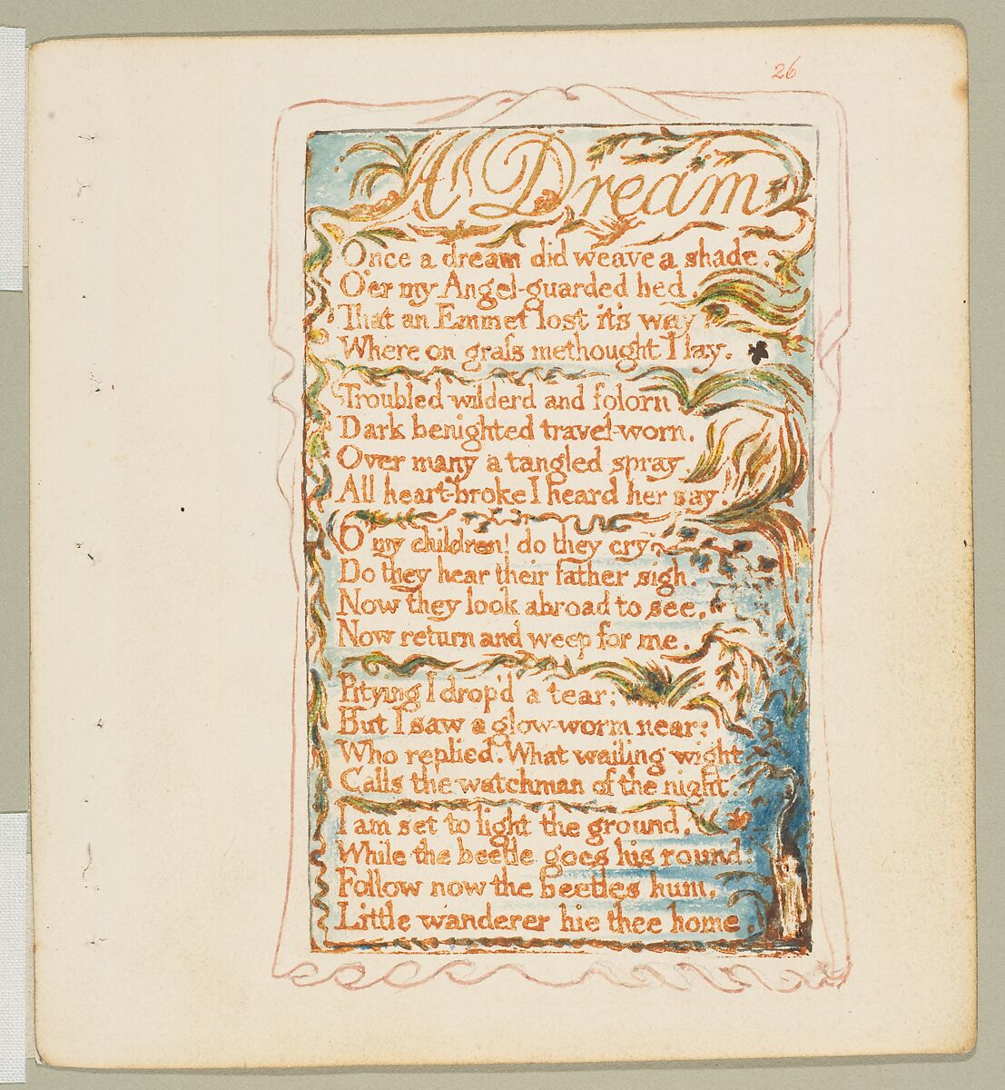 Songs of Innocence: A Dream, William Blake (British, London 1757–1827 London), Relief etching printed in orange-brown ink and hand-colored with watercolor and shell gold 