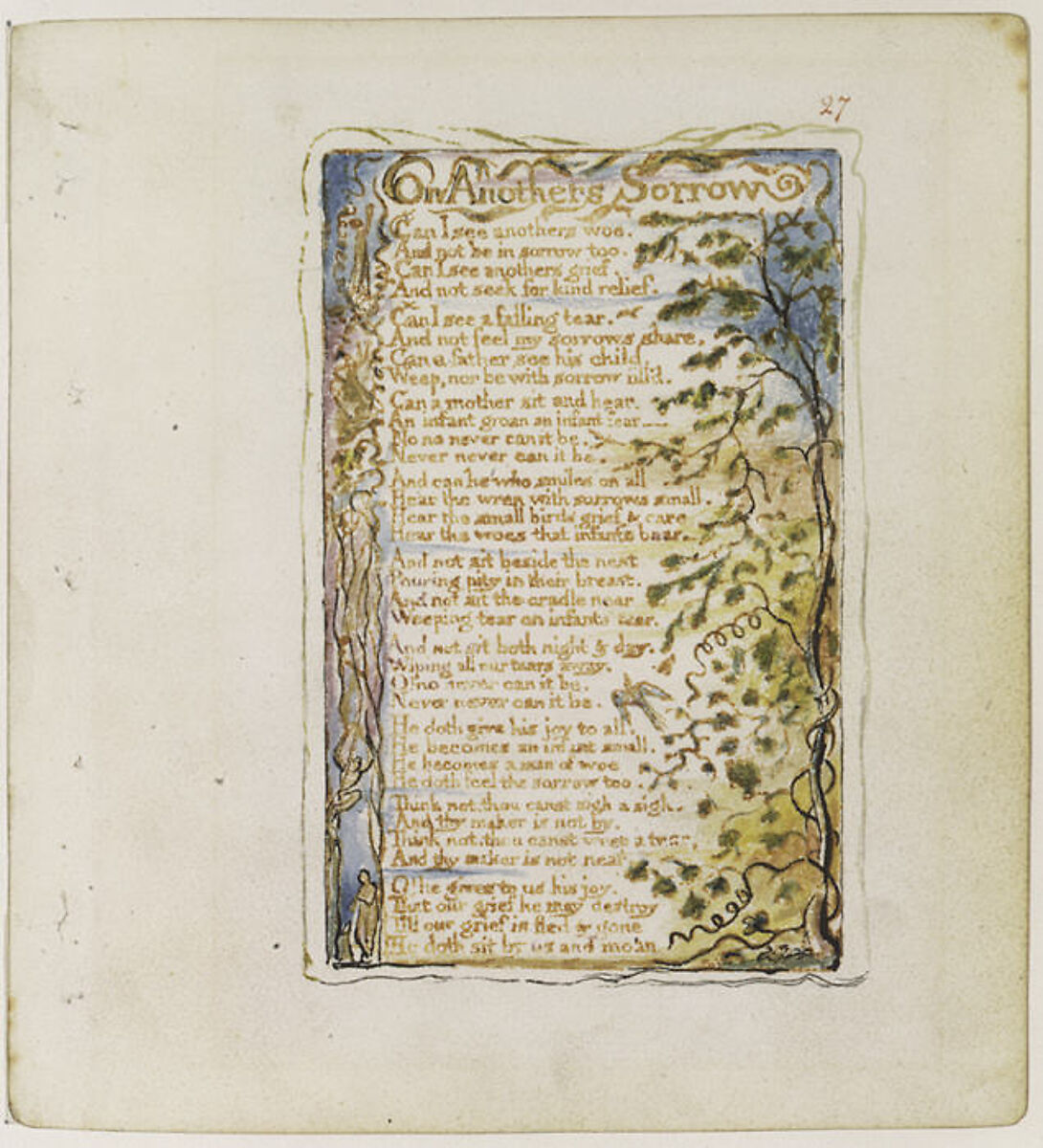 Songs of Innocence: On Anothers Sorrow, William Blake (British, London 1757–1827 London), Relief etching printed in orange-brown ink and hand-colored with watercolor and shell gold
