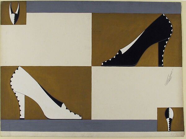 Black and White Pump with Zigzag Profile for Delman's Shoes, New York, Erté (Romain de Tirtoff) (French (born Russia), St. Petersburg 1892–1990 Paris), Gouache and metallic paint