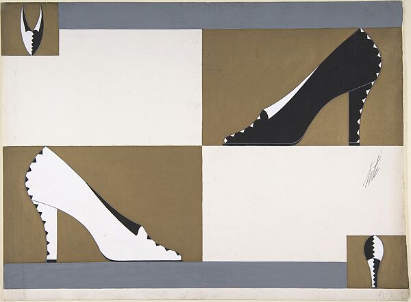 Black and White Pump with Zigzag Profile for Delman's Shoes, New York, Erté (Romain de Tirtoff) (French (born Russia), St. Petersburg 1892–1990 Paris), Gouache 