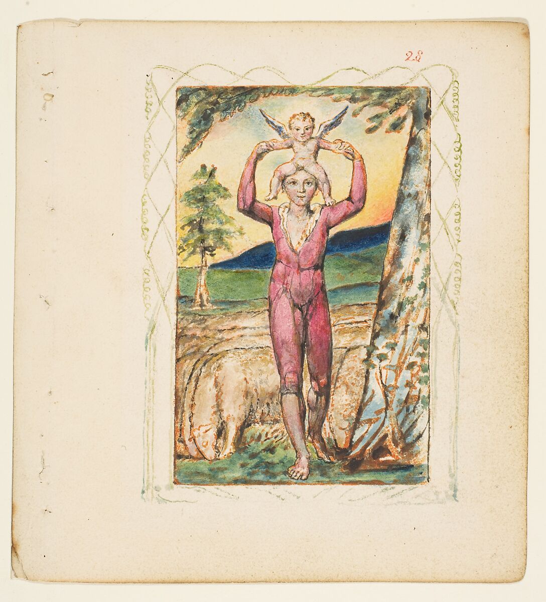 Songs of Experience: Frontispiece, William Blake (British, London 1757–1827 London), Relief etching printed in orange-brown ink and hand-colored with watercolor and shell gold 