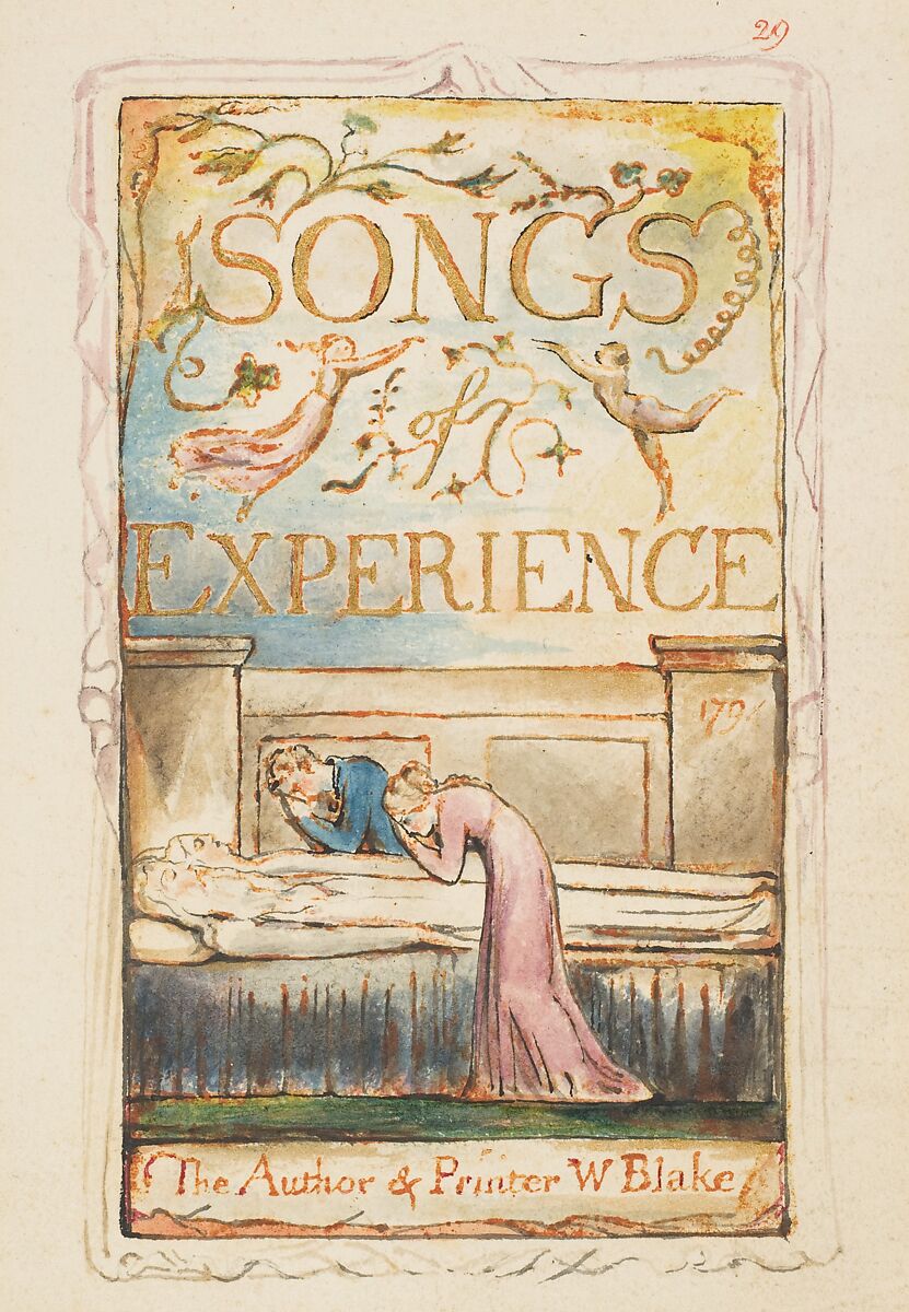 Songs of Experience: Title-page, William Blake (British, London 1757–1827 London), Relief etching printed in orange-brown ink and hand-colored with watercolor and shell gold 