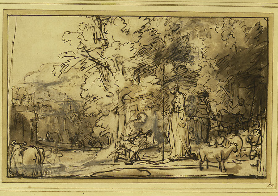 The Meeting of Jacob And Rachel at the Well, School of Rembrandt (Rembrandt van Rijn) (Dutch, Leiden 1606–1669 Amsterdam), Pen and brown ink, brush and brown wash, heightened with white gouache, with framing line in pen and brown ink