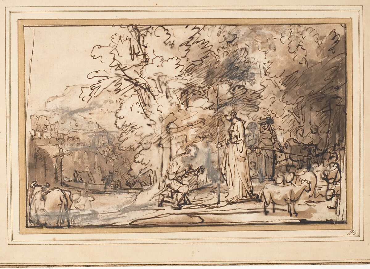 The Meeting of Jacob And Rachel at the Well, School of Rembrandt (Rembrandt van Rijn) (Dutch, Leiden 1606–1669 Amsterdam), Pen and brown ink, brush and brown wash, heightened with white gouache, with framing line in pen and brown ink