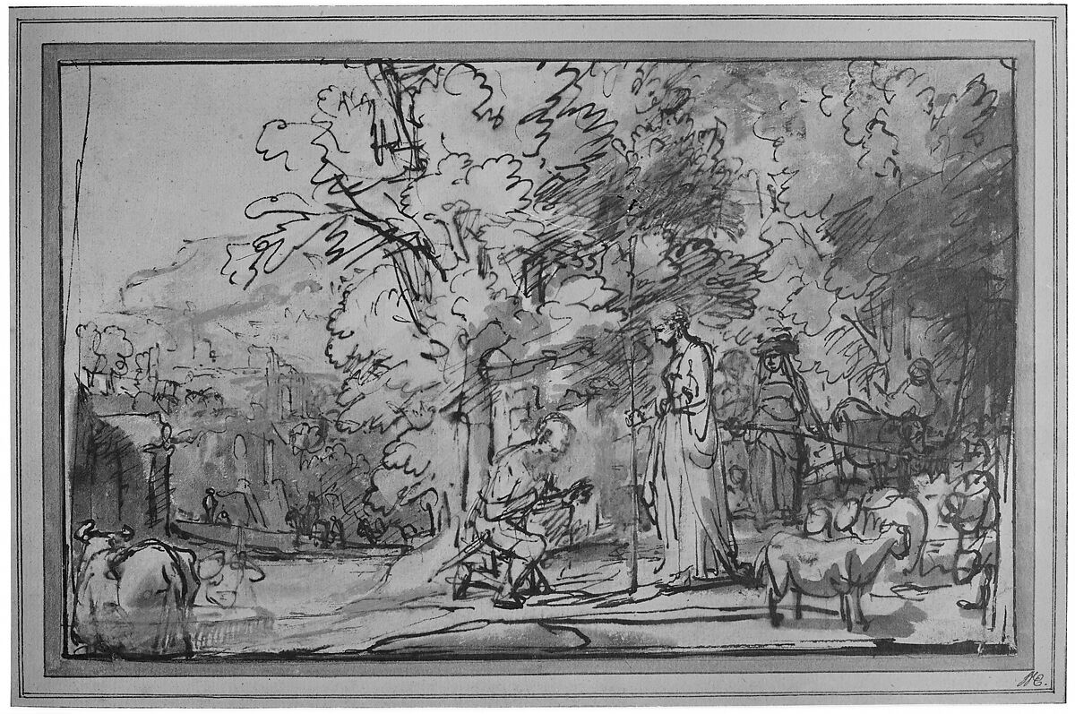 The Meeting of Jacob And Rachel at the Well, School of Rembrandt (Rembrandt van Rijn) (Dutch, Leiden 1606–1669 Amsterdam), Pen and brown ink, brush and brown wash, heightened with white gouache, with framing line in pen and brown ink