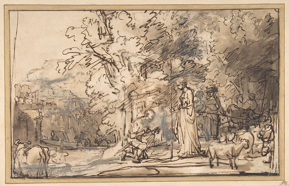 The Meeting of Jacob And Rachel at the Well, Rembrandt (Rembrandt van Rijn)  Dutch, Pen and brown ink, brush and brown wash, heightened with white gouache, with framing line in pen and brown ink