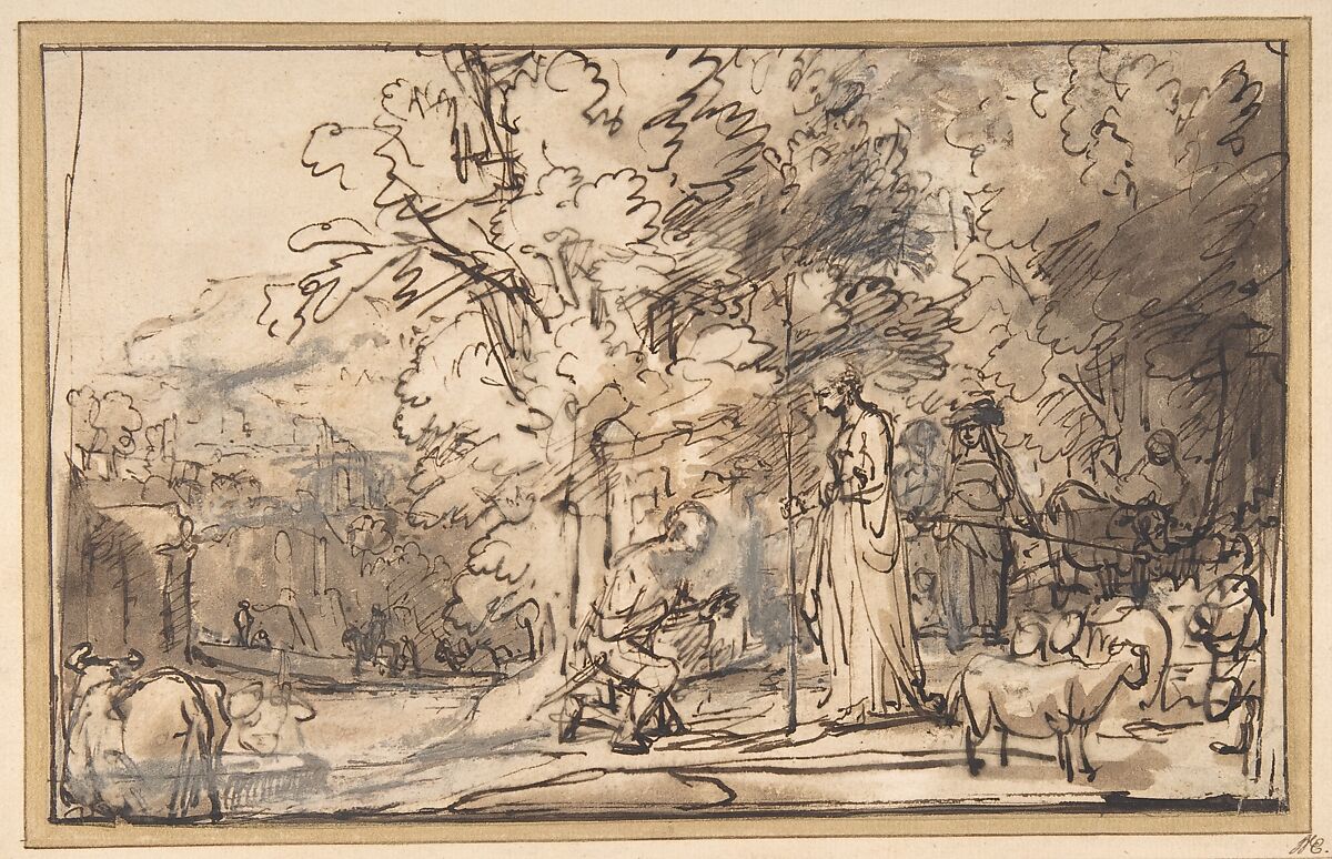 The Meeting of Jacob And Rachel at the Well, School of Rembrandt (Rembrandt van Rijn) (Dutch, Leiden 1606–1669 Amsterdam), Pen and brown ink, brush and brown wash, heightened with white gouache, with framing line in pen and brown ink 