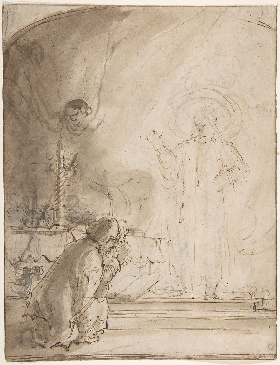 Zacharias and the Angel, School of Rembrandt (Rembrandt van Rijn) (Dutch, Leiden 1606–1669 Amsterdam), Pen and brown ink, brush and brown wash, with indications of black chalk. 