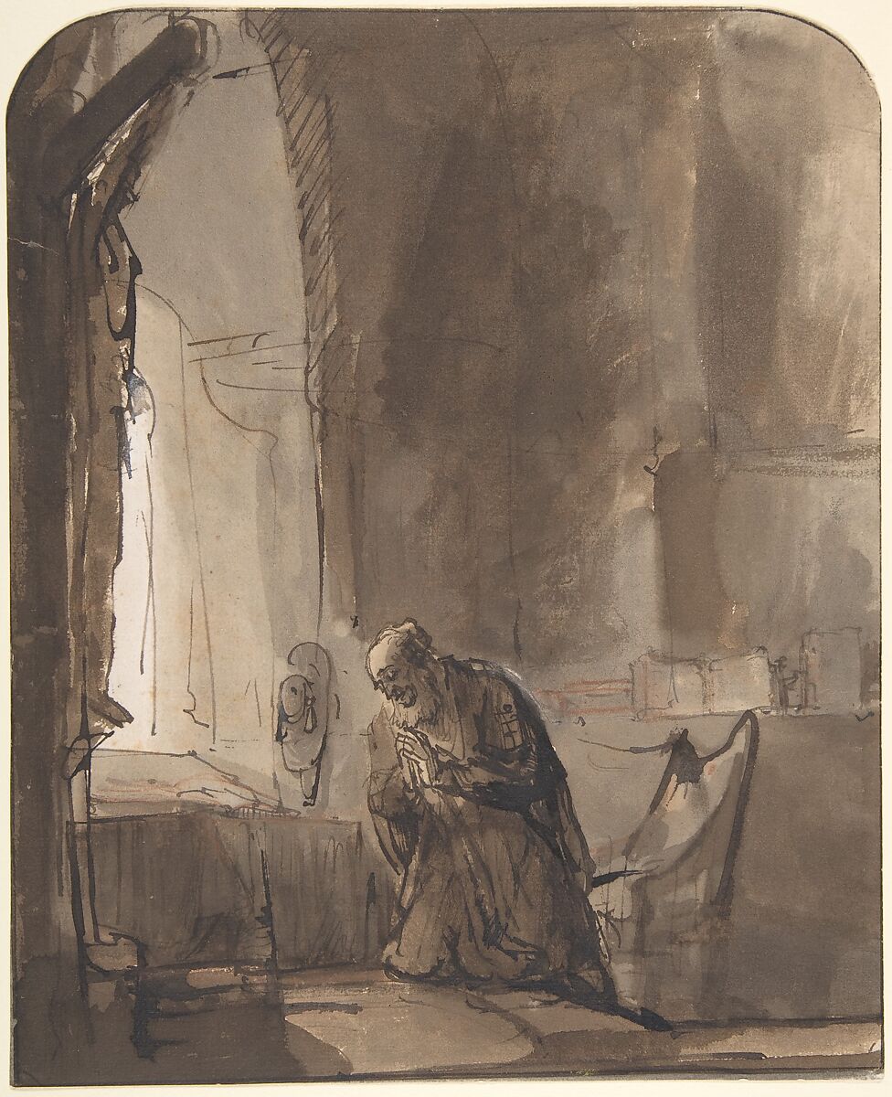 Saint Jerome Praying in His Study, School of Rembrandt (Rembrandt van Rijn) (Dutch, Leiden 1606–1669 Amsterdam), Pen and brown ink, brush and brown wash with touches of white and red chalk 