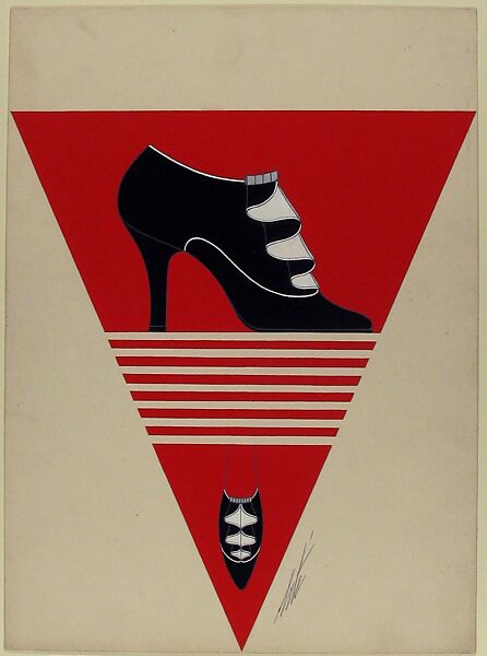 Black Pump with Ruffled Vamp for Delman's Shoes, New York, Erté (Romain de Tirtoff) (French (born Russia), St. Petersburg 1892–1990 Paris), Gouache and metallic paint