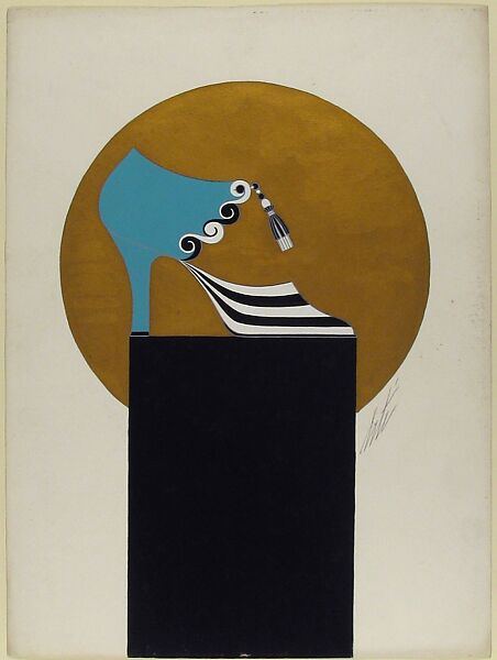 Turquoise Pump with Black and White Striped Toe for Delman's Shoes, New York, Erté (Romain de Tirtoff) (French (born Russia), St. Petersburg 1892–1990 Paris), Gouache and metallic paint