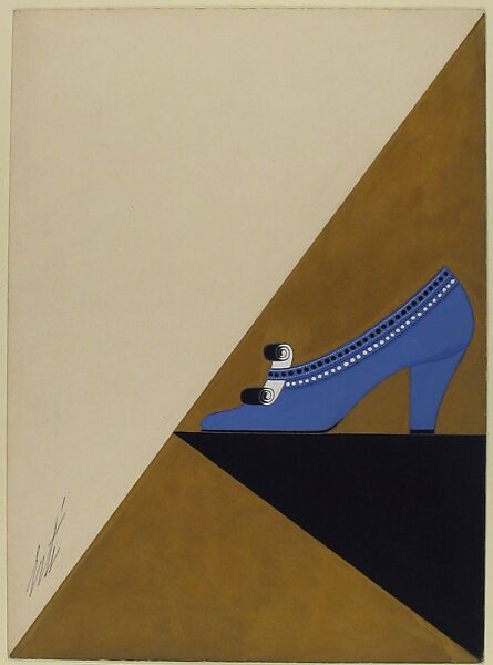 Lavender Pump with Black and White Punches and Scrollwork Ornament for Delman's Shoes, New York, Erté (Romain de Tirtoff) (French (born Russia), St. Petersburg 1892–1990 Paris), Gouache and metallic paint