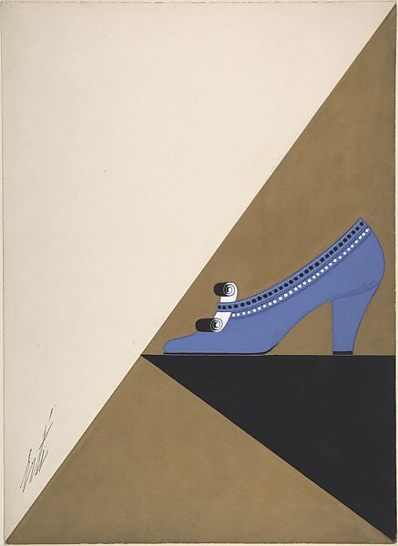 Lavender Pump with Black and White Punches and Scrollwork Ornament for Delman's Shoes, New York, Erté (Romain de Tirtoff) (French (born Russia), St. Petersburg 1892–1990 Paris), Gouache. 