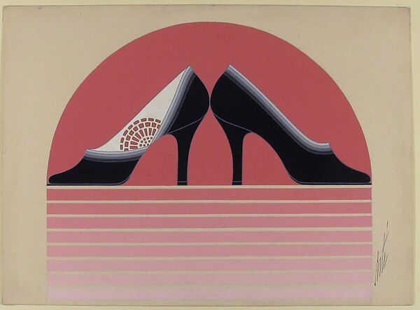 Pair of Black Pumps with Openwork and Ombre Effect for Delman's Shoes, New York, Erté (Romain de Tirtoff) (French (born Russia), St. Petersburg 1892–1990 Paris), Gouache and metallic paint