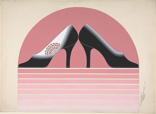 Pair of Black Pumps with Openwork and Ombre Effect for Delman's Shoes, New York, Erté (Romain de Tirtoff) (French (born Russia), St. Petersburg 1892–1990 Paris), Gouache. 