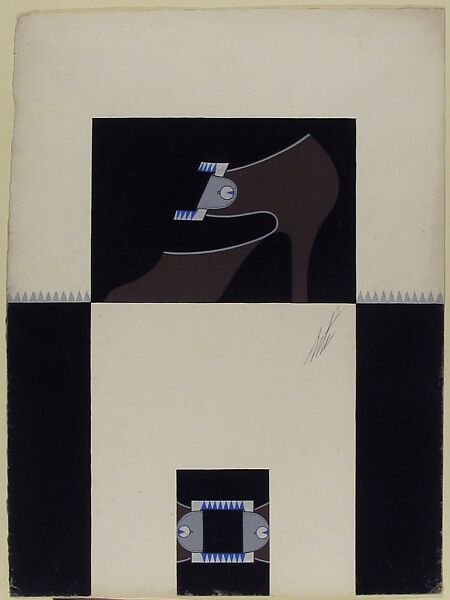 Taupe High-Vamp Pump with Silver and Blue Buckle for Delman's Shoes, New York, Erté (Romain de Tirtoff) (French (born Russia), St. Petersburg 1892–1990 Paris), Gouache and metallic paint