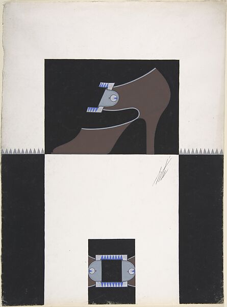 Taupe High-Vamp Pump with Silver and Blue Buckle for Delman's Shoes, New York, Erté (Romain de Tirtoff) (French (born Russia), St. Petersburg 1892–1990 Paris), Gouache 