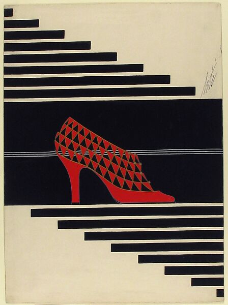 Red Pump with Triangular Openwork for Delman's Shoes, New York, Erté (Romain de Tirtoff) (French (born Russia), St. Petersburg 1892–1990 Paris), Gouache and metallic paint
