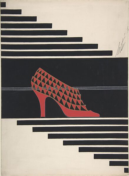 Red Pump with Triangular Openwork for Delman's Shoes, New York, Erté (Romain de Tirtoff) (French (born Russia), St. Petersburg 1892–1990 Paris), Gouache 